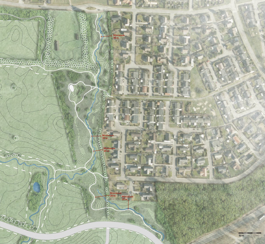 Landskabsplan 2 - højdekurver og illustration af hvordan området grænser op til beboelse.